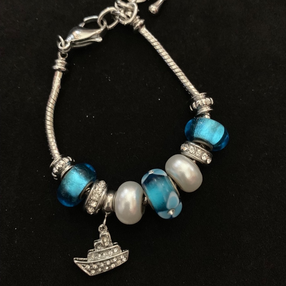 Bracelet Silver Color Rope Ship Charm Blue 9"